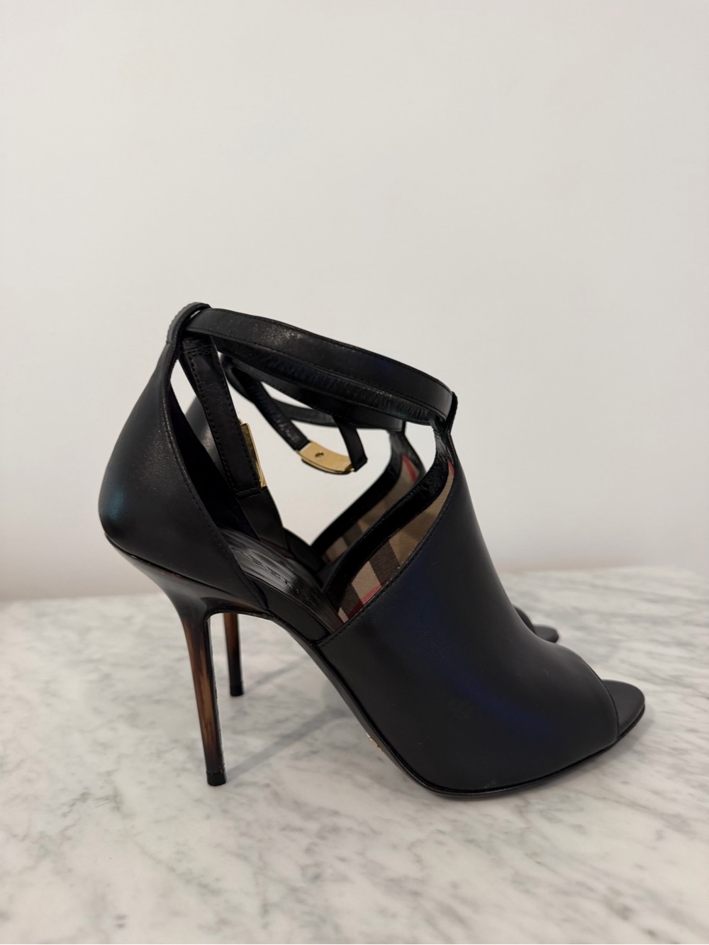 Burberry Black Peep-Toe High Heel Ankle Strap Pumps with Gold Accent 100 - Picture 4 of 8